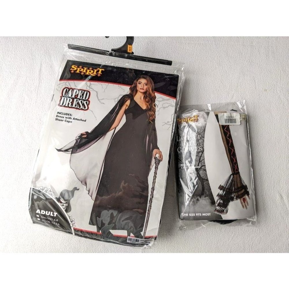 2 Lot Women's Halloween Costume Caped‎ Dress Bell Gloves Size 4-8 Spirit Gothic
